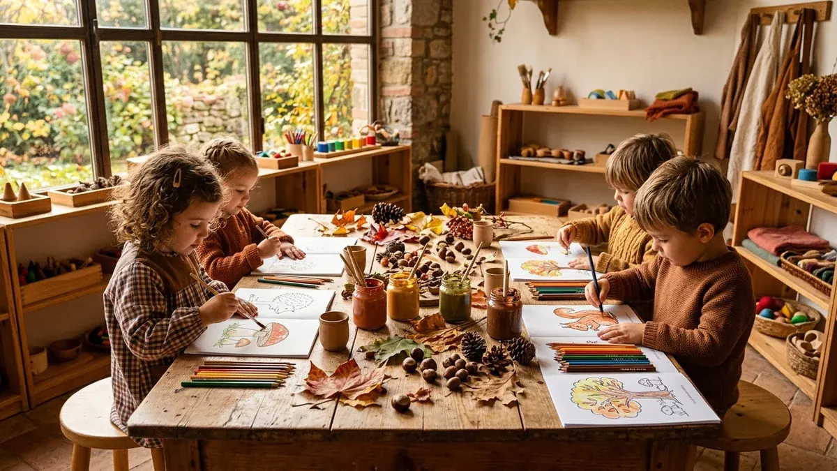 Bambini che disegnano foglie autunnali, castagne e scoiattoli ad un tavolo di scuola in una stanza calda e luminosa