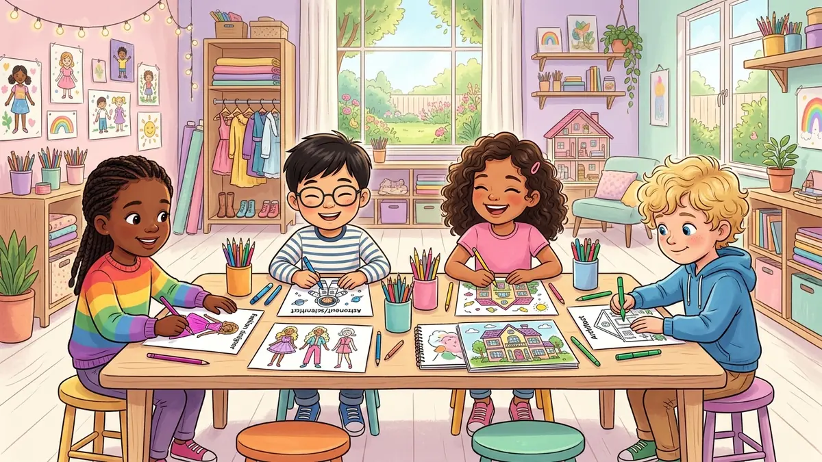 Bambini allegri che colorano bozzetti di moda e professioni in un atelier studio luminoso e creativo