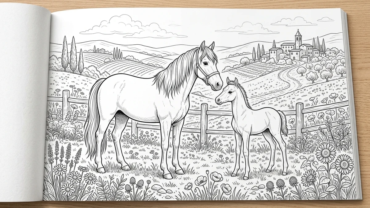 Bambini allegri che colorano disegni di cavalli e puledri in una fattoria didattica soleggiata
