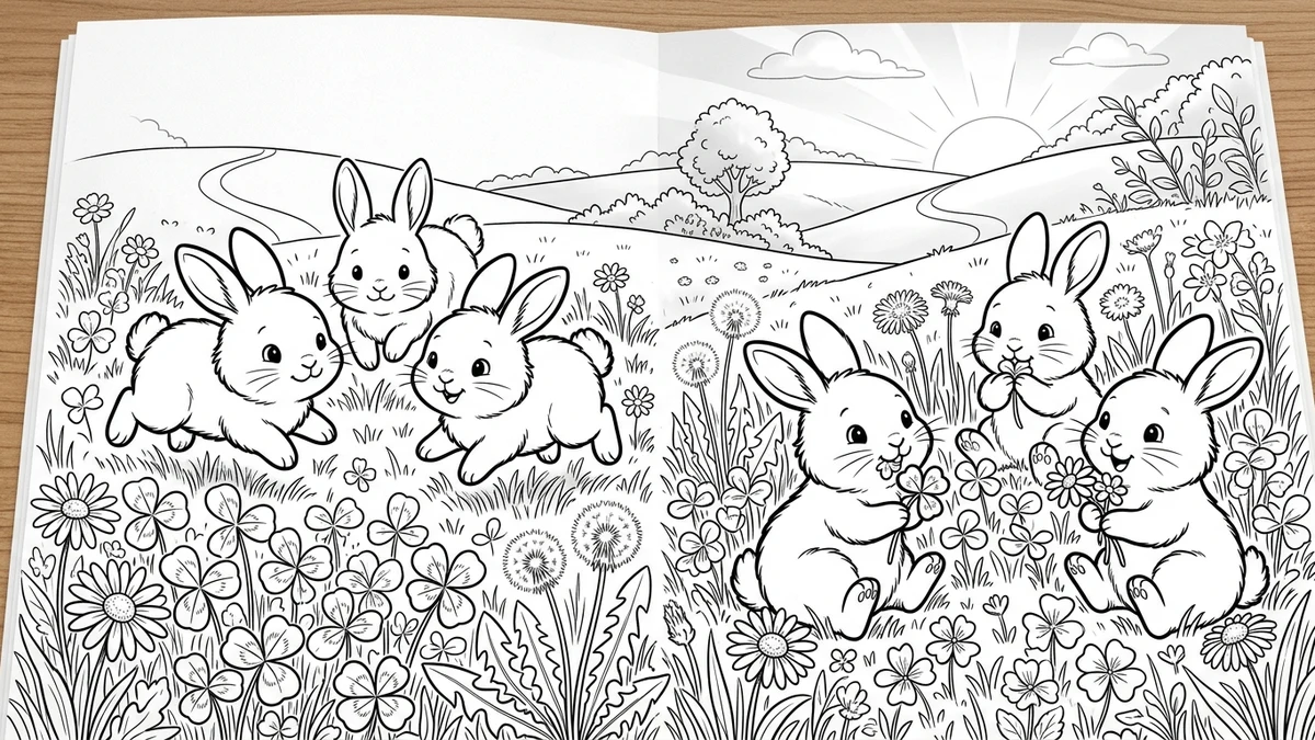 Bambini allegri che colorano disegni di coniglietti e lepri in un giardino fiorito