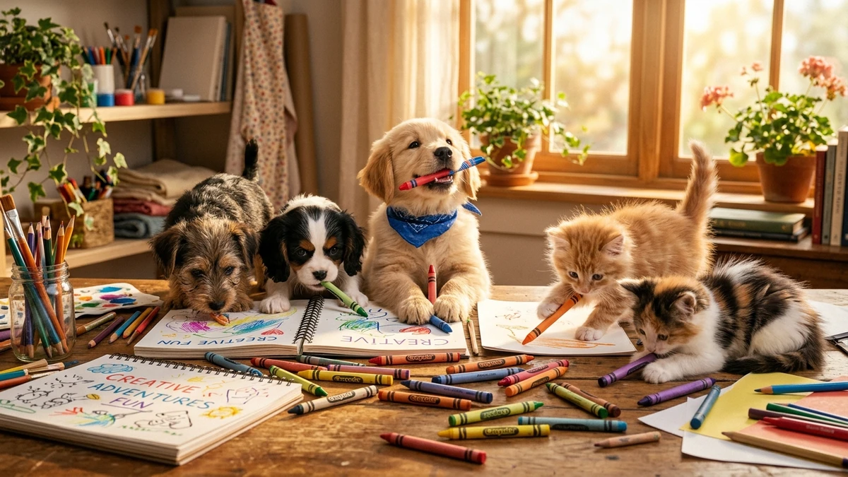 Bambini sereni che colorano illustrazioni di cuccioli di cane e gatto in salotto