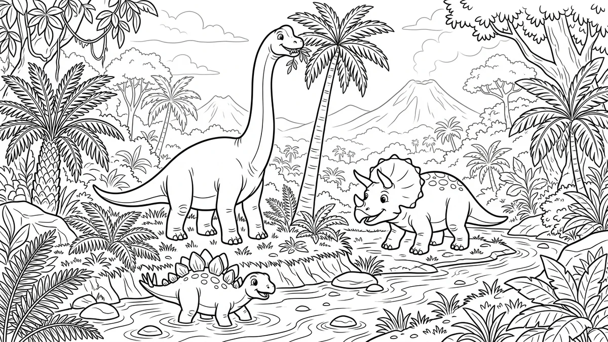 Bambini allegri che colorano disegni di dinosauri in un'aula didattica con modellini e fossili