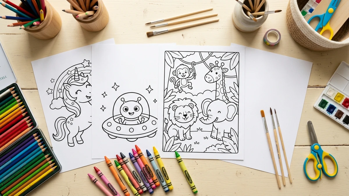 Bambini allegri che colorano disegni su fogli A4 con matite e pastelli in un atelier creativo