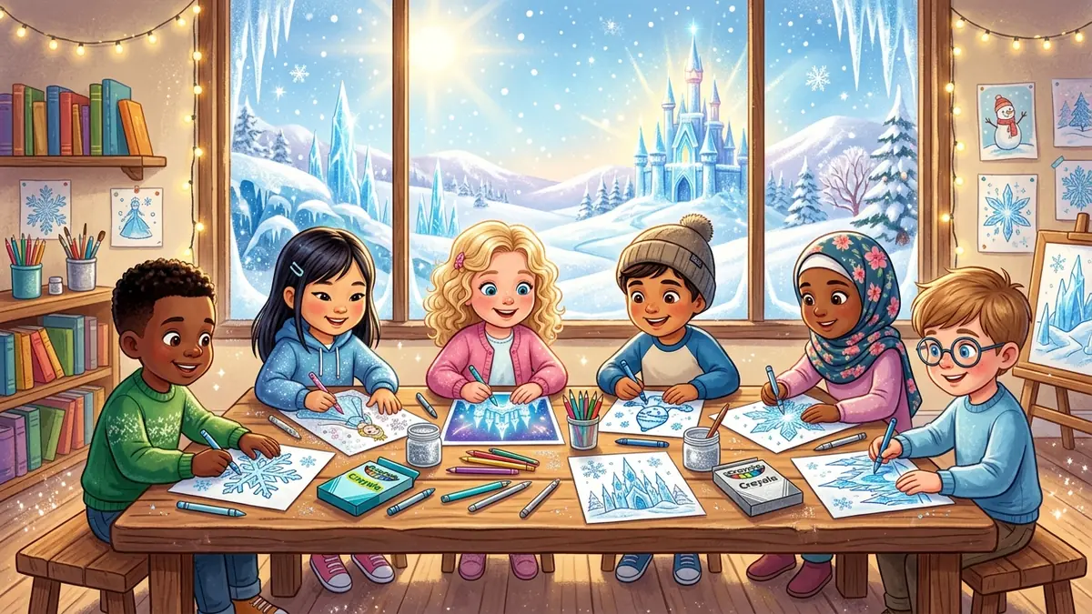 Bambini concentrati nel colorare fiocchi di neve e castelli di ghiaccio in un'aula accogliente con paesaggio innevato