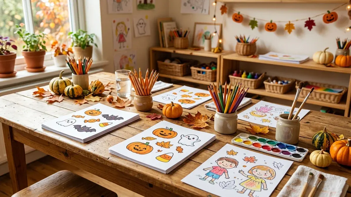 Bambini felici che colorano disegni di Halloween con zucche e maschere ad un tavolo creativo