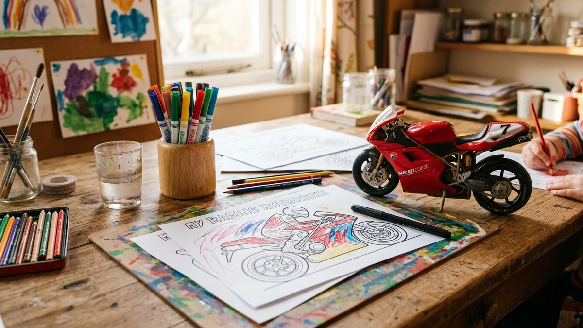Tavolo da disegno in legno con fogli A4 di moto da corsa, pennarelli vivaci e modellino di motocicletta rossa in un laboratorio artistico per bambini