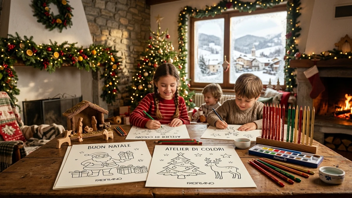 Bambini allegri che colorano disegni di Natale su un tavolo di legno decorato con albero e luci festive
