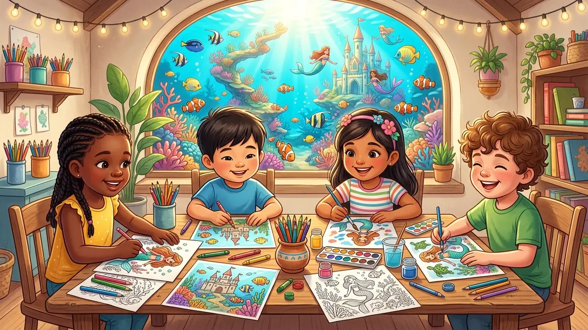 Bambini felici che colorano sirene e paesaggi marini davanti a una grande vetrata panoramica oceanica