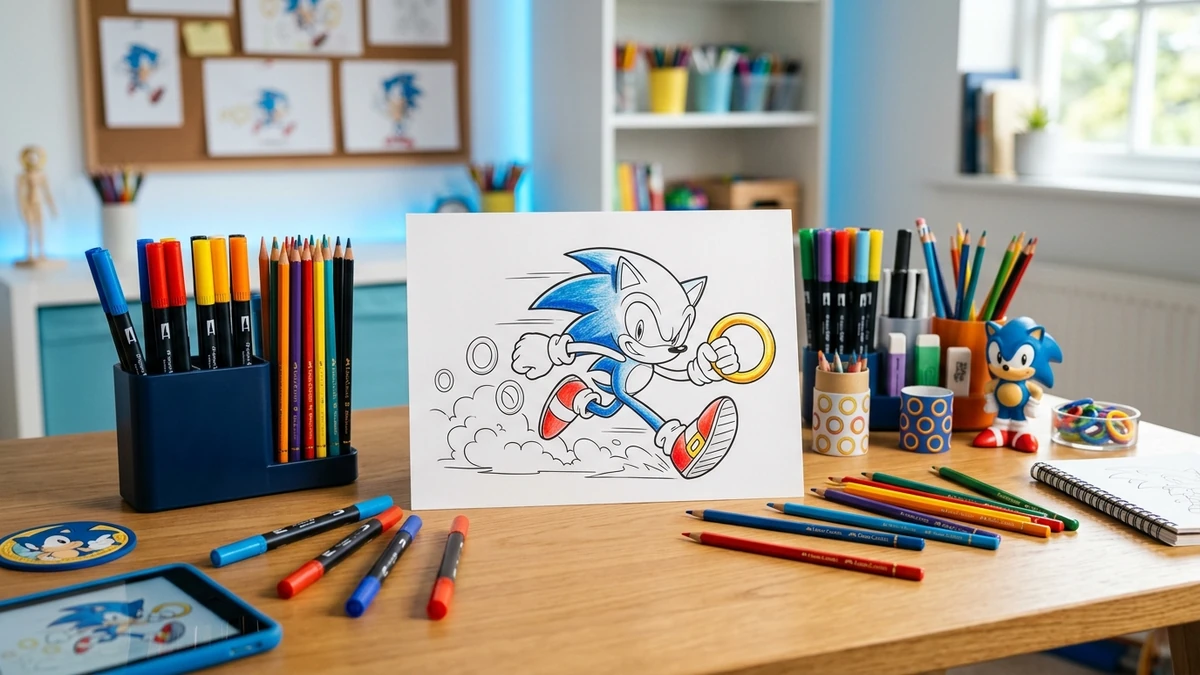 Tavolo da disegno con pennarelli accesi, fogli di Sonic the Hedgehog e anelli dorati in uno studio creativo per bambini